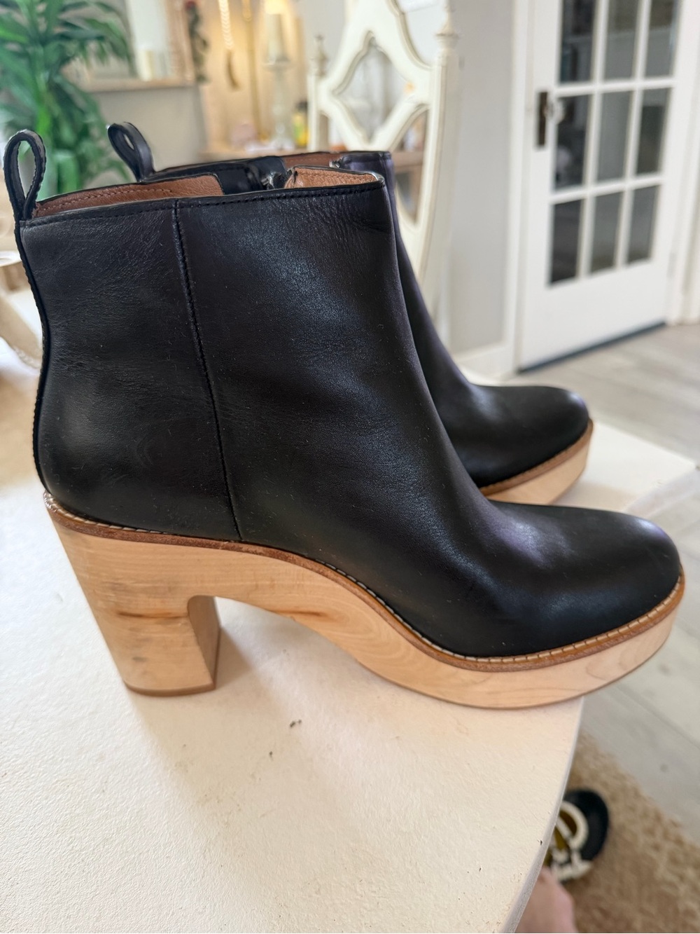 ANTONIO MELANI Black Leather Ankle Boots with Natural Wood Heel